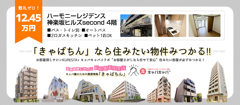 【きゃばちん物件】ハーモニーレジデンス神楽坂ヒルズsecond 4階（新宿区山吹町／12.45万円）敷礼ゼロ！ネット使い放題！ペット可